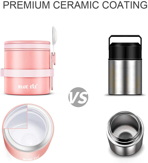 BLUE ELE Leakproof, Vacuum Insulated Thermos Hot Lunch Containers with Ceramic-Coated Stainless Steel, Easy Grip Lid, and Folding Spoon, 13.5oz, Carnation Pink