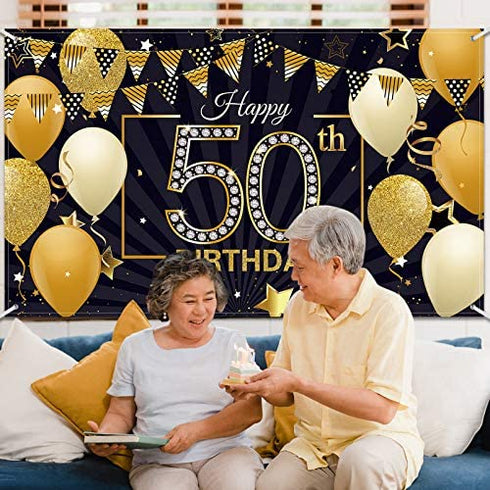 Happy 50th Birthday Backdrop Large Fabric Black Gold 50th Anniversary Birthday Sign Banner Photo Booth Photography Background with Rope for Men Women 50th Birthday Party Decorations, 72.8 x 43.3 Inch