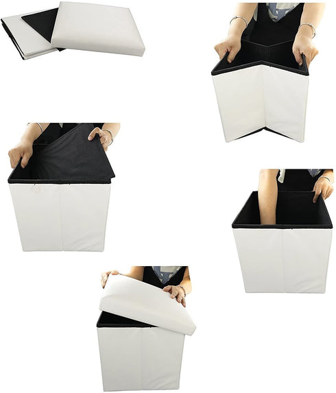 NISUNS OT01 Leather Folding Storage Ottoman Cube Footrest Seat, 12 X 12 X 12 Inches (White)