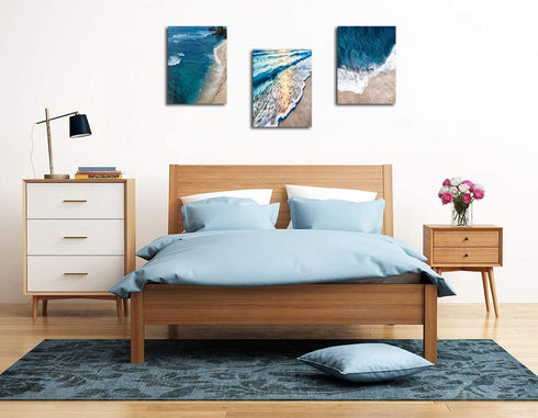 Seascape Wall Art Blue Ocean Canvas Print Sea View Theme Sunset Beach Nature Scenery Pictures with Frame for Living Room Bathroom Bedroom Decoration