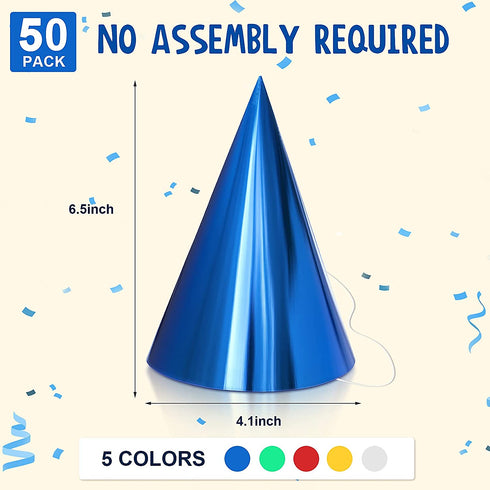 50 Pieces Cone Party Hats Metallic Foil Cone Hats Colorful Party Cone Hats Birthday Paper Hats for Birthday Parties, Gold, Silver, Red, Green, Blue