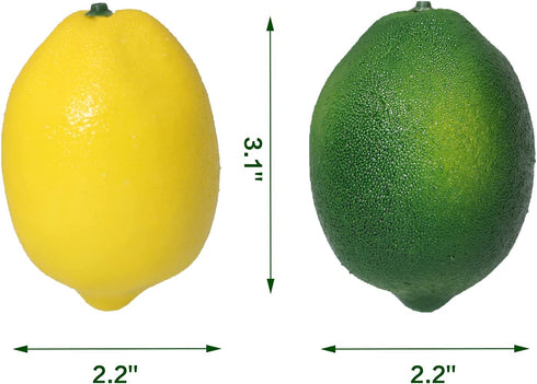 Fake Fruit Artificial Lemons, 3.1''—2.2'' Faux Lemon Fake Limes with Leaves, Lifelike Fake Lemon Decor for Kitchen Table Cabinet Party, Plastic Fruits Photography Prop 36PCS