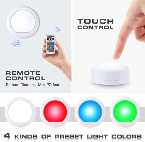 EverBrite Tap Light, Push Light, LED Puck Lights with 12 RGB Colors, Wireless Touch Light Under Cabinet, 80 Lumens Night Light for Closet, Bedroom, Wall, Classroom, 18 AAA Batteries Included, 6-Pack