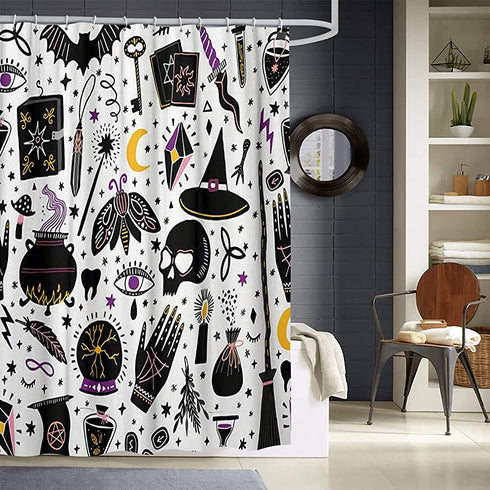 JOOCAR Halloween Shower Curtain Alchemy Magic Witch Witchcraft Bohemian Shower Curtain Sets, No Odor Rust Proof Grommets, Eco-Friendly, Black and White