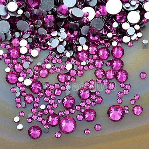 AD Beads 1440 Pieces Mixed Size No Hotfix Glue on Quality Glass Flatback Rhinestones Round Crystal Gems ( 25 Fuchsia )