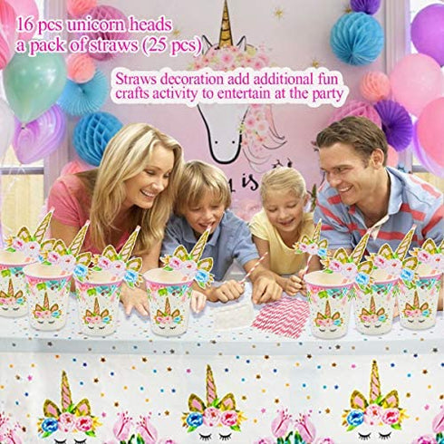 Unicorn Themed Party Supplies Set,Unicorn Cake Plates,Cups,Napkins,Tablecloth,Straws&Decoration,Paper Disposable Tableware Set for Girls Children Birthday Party or First,Baby Shower, Serves 16 Guests