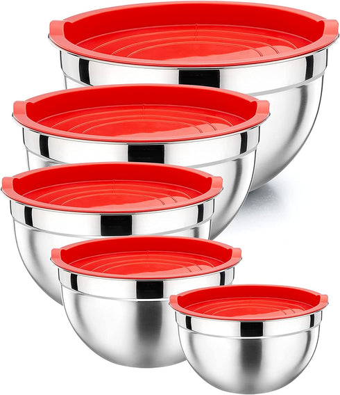 Mixing Bowls with Red Lids Set, P&P CHEF Stainless Steel Mix Nested Bowl for Salad Fruits Egg Cream Mixing, Size 4.6, 3, 1.5, 1, 0.7 QT, Refrigerator & Dishwasher Safe