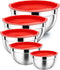 Mixing Bowls with Red Lids Set, P&P CHEF Stainless Steel Mix Nested Bowl for Salad Fruits Egg Cream Mixing, Size 4.6, 3, 1.5, 1, 0.7 QT, Refrigerator & Dishwasher Safe