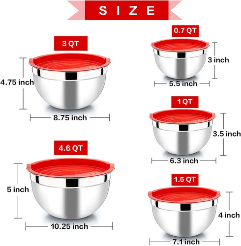 Mixing Bowls with Red Lids Set, P&P CHEF Stainless Steel Mix Nested Bowl for Salad Fruits Egg Cream Mixing, Size 4.6, 3, 1.5, 1, 0.7 QT, Refrigerator & Dishwasher Safe
