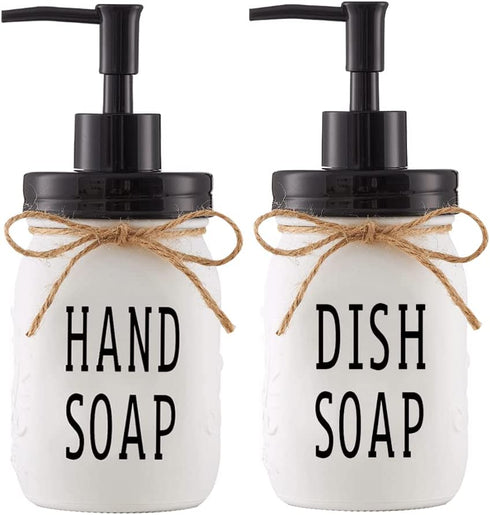 Withe Glass Mason Jar Hand Soap Dispenser and Dish Soap Dispenser Set with Rustproof Plastic Pumps and Lids for Rustic Farmhouse Kitchen Counter Top Bathroom Decor and Organization-2 Pack