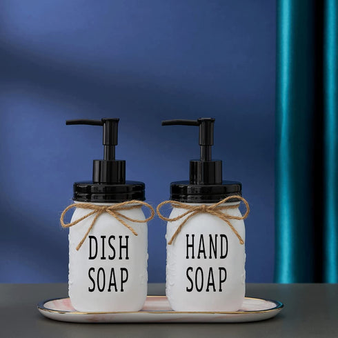 Withe Glass Mason Jar Hand Soap Dispenser and Dish Soap Dispenser Set with Rustproof Plastic Pumps and Lids for Rustic Farmhouse Kitchen Counter Top Bathroom Decor and Organization-2 Pack