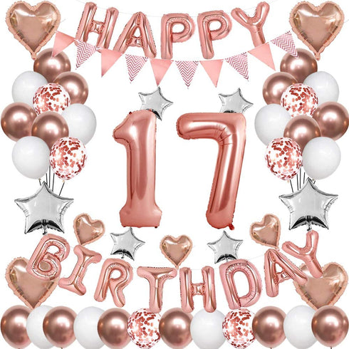 Rose Gold 17th Birthday Decorations for Women Girl,17th Birthday Balloons Supplies for Her 17 Rose Gold Number Balloon Happy Birthday Banner Confetti Balloons Star Heart Foil Balloons