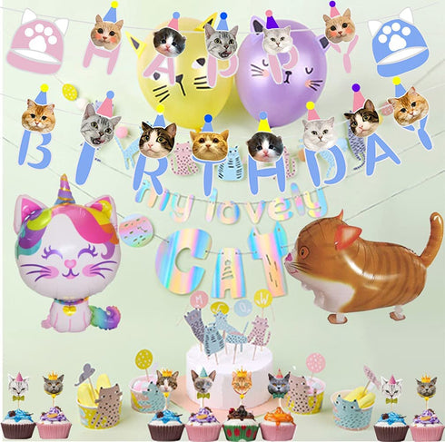 63Pcs Cat Party Decorations Cat Happy Birthday and MEOW Cat Face Banner Cat Cake Toppers Walking Cat Balloons for Pets, Cat Lover, Kids Cat Theme Birthday Party