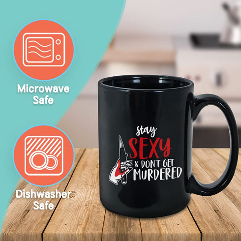 Crime Comedy Coffee Mug 15 oz Black, Funny Sarcastic Weekly Podcast for Women