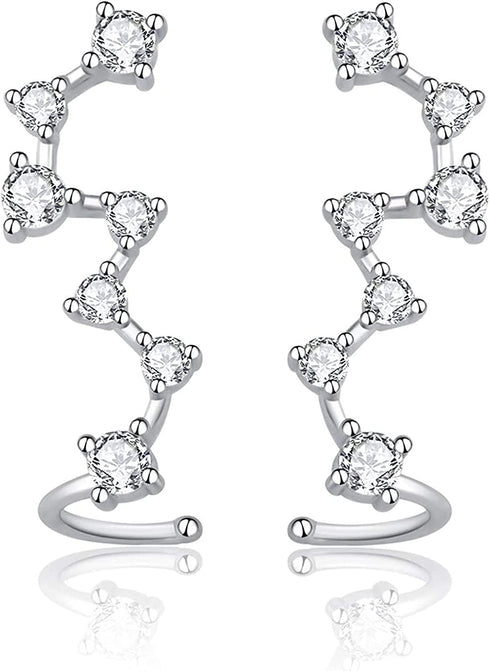 7 Crystals Ear Cuffs Hoop Climber S925 Sterling Silver Earrings Hypoallergenic Earring