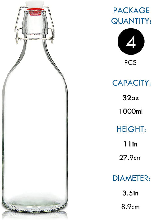 32oz Swing Top Bottles -Glass Beer Bottle with Airtight Rubber Seal Flip Caps for Home Brewing Kombucha,Beverages,Oil,Vinegar,Water,Soda,Kefir (4 Pack)