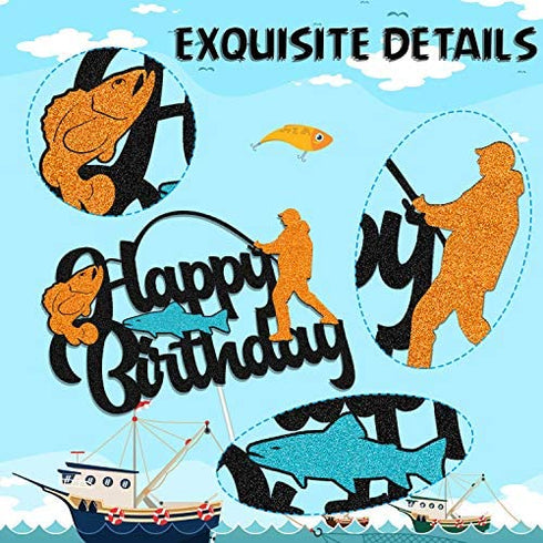Fish Cake Topper Happy Birthday Sign Cake Decorations for Man Kids Boy Fisherman Gone Fishing Themed Birthday Party Supplies Black Glitter Decor