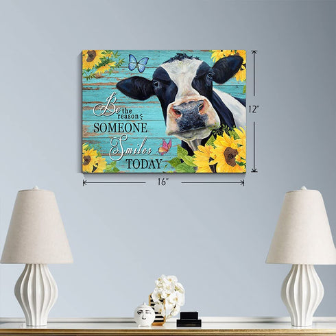 Qute Cow Flower Picture Canvas Print Motivational Quotes Wall Decor Art Sunflowers Animal on Green Wood Board Painting Modern Artwork for Bathroom Living Room Office Decoration, Framed 1 pcs 12x16