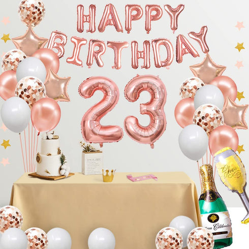 Fancypartyshop 23rd Birthday Decorations - Rose Gold Happy Birthday Banner and Sash with Number 23 Balloons Latex Confetti Balloons Ideal for Girl and Women 23 Years Old Birthday Rose Gold
