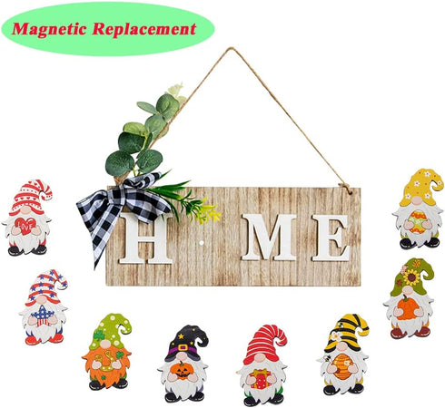 Welcome Home Sign Wreath Front Porch Door Gnomes Sweet Gnome Interchangeable Hanging Decor, Seasonal Wood Rustic Housewarming Gift Farmhouse Wall Ornament Holiday Decorations - 12"