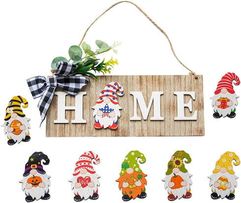Welcome Home Sign Wreath Front Porch Door Gnomes Sweet Gnome Interchangeable Hanging Decor, Seasonal Wood Rustic Housewarming Gift Farmhouse Wall Ornament Holiday Decorations - 12"