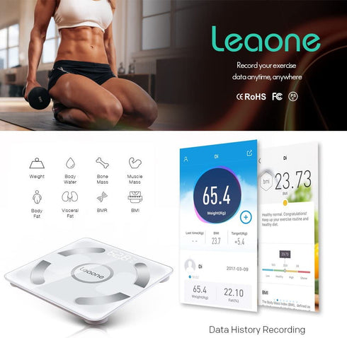 Leaone Body Fat Scale 30x30cm, USB Charging, White LED, Smart Bluetooth Digital BMI Weight Scale, Body Composition Analyzer Health Monitor with 6mm Tempered Glass with Smartphone App, 400 lbs, White