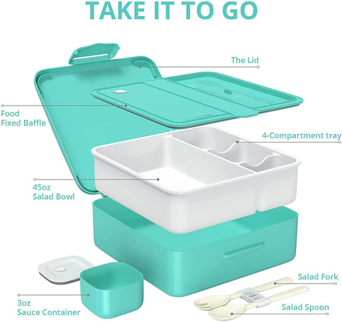 VOLUEX Bento Box, Bento Lunch Box for Kids with Spoon & Fork, 4 Compartment, Durable, Leak Proof, Dishwasher Safe, BPA-Free and Food-Safe Materials, 45oz Large Lunch Box Containers for Adults- Blue