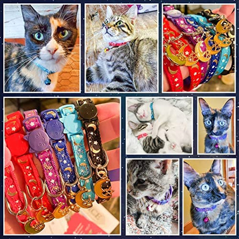 KOOLTAIL Cat Collar Breakaway with Bells - 6 Pack Glow in The Dark - Stars & Moon Charm Pendent Pet Reflective Collars Ideal for Kitten Cats Puppy