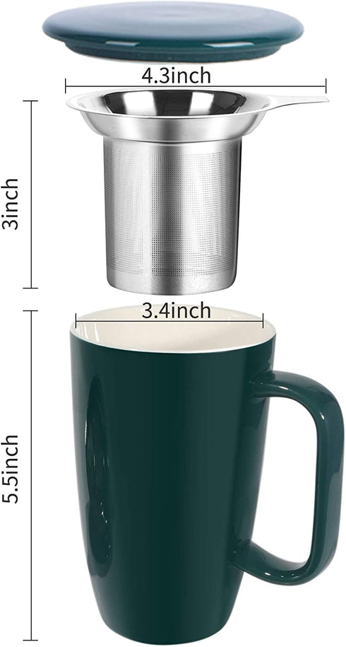 Sunddo Porcelain Tea Mug with Infuser and Lid, 15 OZ, Jade
