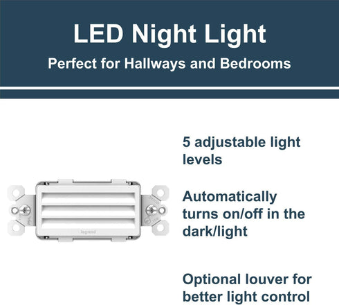 Legrand radiant Adjustable LED Night Light Outlet, Horizontal Step Nightlight Electrical Outlets for Bedroom and Hallway, Full, White, NTLHORZWCC6