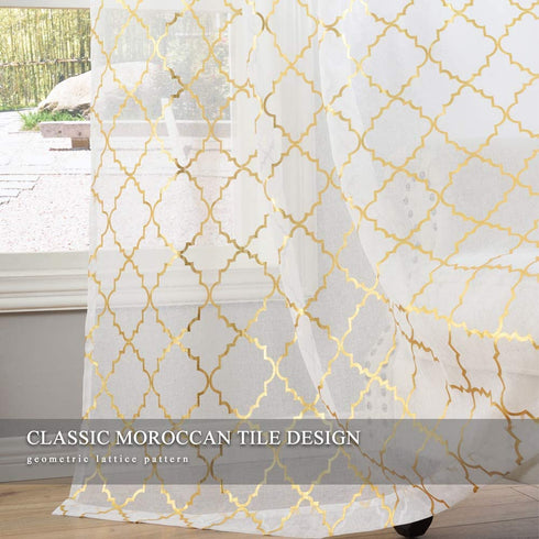 Kotile White and Gold Sheer Curtains for Bedroom - Gold Moroccan Tile Curtain Rod Pocket White Window Curtains 63 Inch Length 2 Panels for Girls Room, W52 x L63 Inches, 1 Pair, Gold White