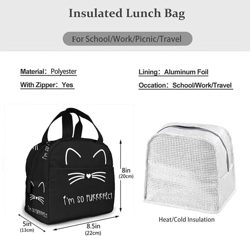 Black cat Lunch Bag Insulated Lunch Box with Front Pocket Reusable Tote Bag For Office Work Picnic Travel Shopping