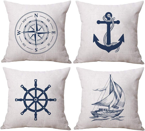 ULOVE LOVE YOURSELF Coastal Sailing Throw Pillow Case Blue Compass/Anchor/Sailboat/Navigation Pattern Ocean Theme Cushion Covers Nautical Beach Decorative Pillowcases 18—18 Inch,4Pack