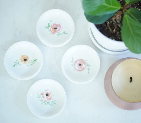 Set of 4 Floral Ring Holder Dish Bowls- Trinket Tray or Boho Plain White Jewelry Dish Tray Personalized - Gift Favor Ring Tray - CEDAR + INK