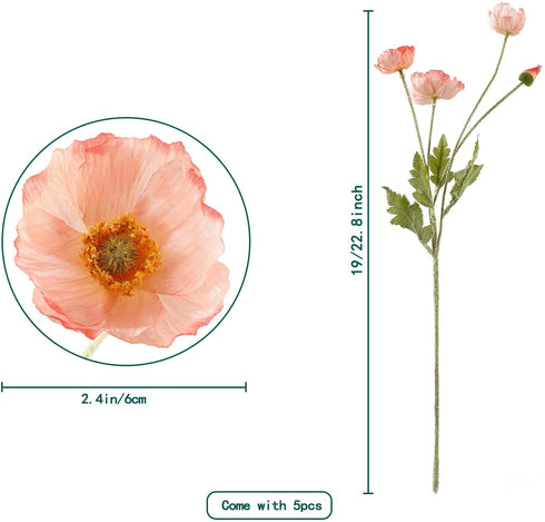 Lumoslyy Artificial Flowers Silk Poppy Flowers for Home Decor Bouquet Wedding Party Faux Flower Pack of 5, Pink