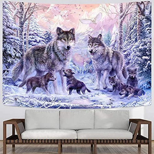 KYKU Snow Wolf Tapestry Pink Family Wolves Tapestry Wall Hanging Wild Animal Tapestries for Bedroom Living Room Dorm Decor (W59.1 × H51.2, Pink)