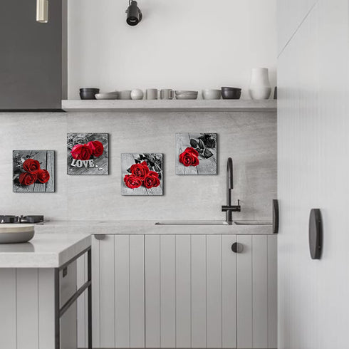 Red Rose Bathroom Wall Art Black and White Flower Canvas Prints Picture Bedroom Wall Decor Aesthetic Floral Painting Modern Romantic Kitchen Artwork Poster Decorations Wooden Framed 8x8 Set of 4