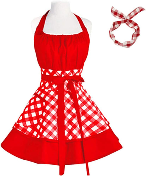 Vintage Cute Women Cotton Cooking Plus Size Retro Bib Kitchen Apron with Extra Ties & Pockets 22×30 inch