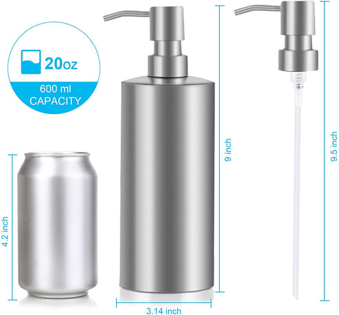 Large Hand Soap Dispenser 20oz Refillable Brushed Stainless Steel Dish Soap Dispenser for Kitchen Bathroom Countertop (20oz/600ml)