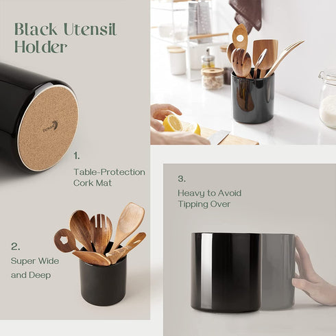 DOWAN Kitchen Utensil Holder, Ceramic Utensils Crock with Table-Protection Cork Mat, Cooking Utensil Holder for Kitchen Décor, Easy to Clean, Black