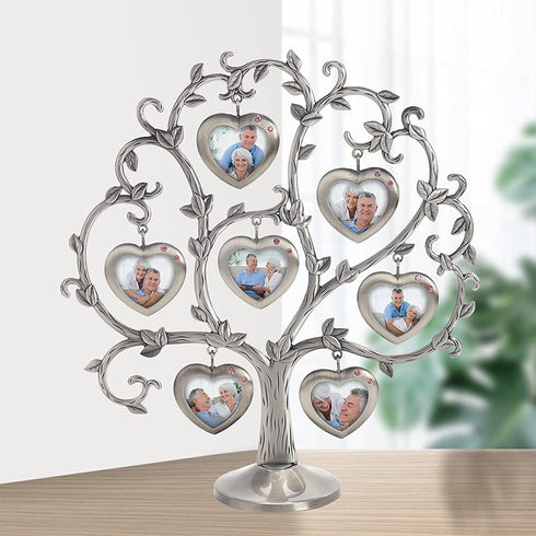 LASODY Antique Silver Family Tree With 7 Hanging Picture Frames,Metal Table Top Photo Frame Decoration