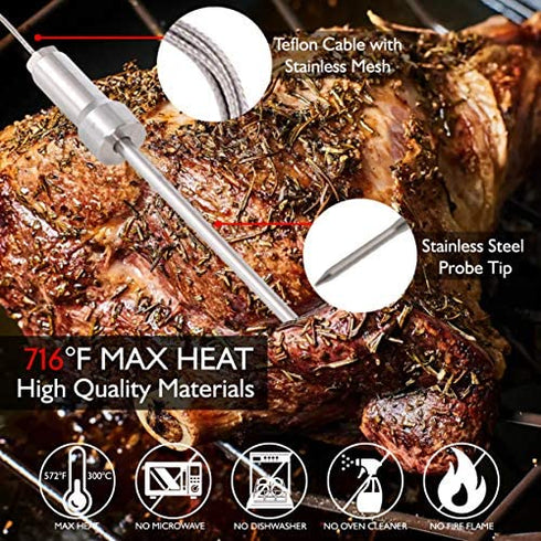 Smart Bluetooth BBQ Grill Thermometer - Digital Display, Stainless Dual Probes Safe to Leave in Outdoor Barbecue Meat Smoker - Wireless Remote Alert iOS Android Phone WiFi App - NutriChef PWIRBBQ60
