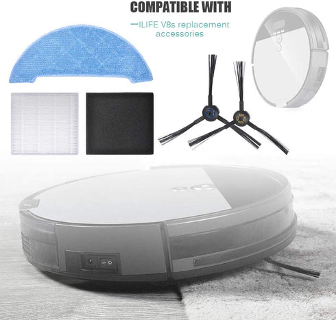 KEEPOW Replacement Accessories Kit Compatible with ILIFE V8s V80 Max Robotic Vacuum Cleaner (4 Set Hepa Filters + 6 Set Side Brushes +6 Pcs Mop Clothes)