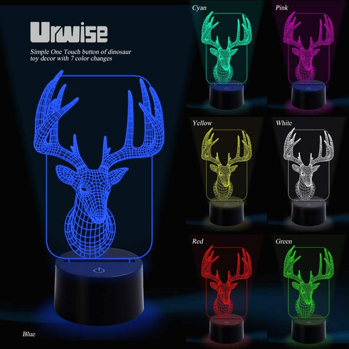 Elk Deer 3D Optical Illusion Night Lights, 7 Color Variations, Smart Touch Button USB and Battery Power, Amazing Creative Art Design for Children's 3192