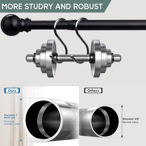 1 Inch Adjustable Curtain Rod Set-Black Curtain Rods for Windows 34 to 68"- Sturdy Single Drapery Rod for Sliding Door, Bedroom, Kitchen,Living Room (With 2 Brackets)