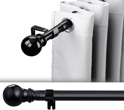 1 Inch Adjustable Curtain Rod Set-Black Curtain Rods for Windows 34 to 68"- Sturdy Single Drapery Rod for Sliding Door, Bedroom, Kitchen,Living Room (With 2 Brackets)