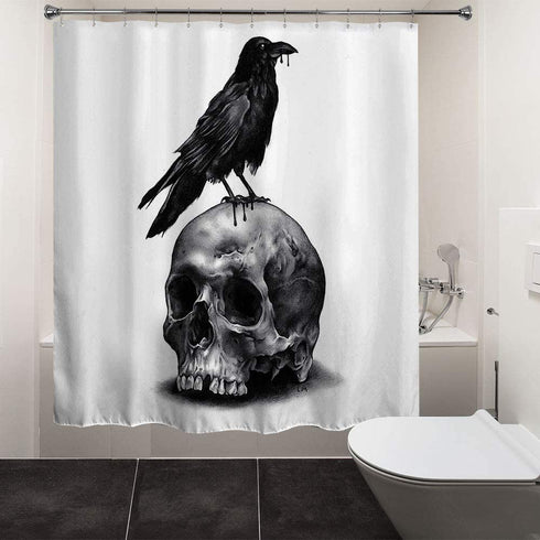 HIYOO Halloween Skull Raven Shower Curtain with Hooks, Horror Scary Skeleton Hallowmas Bathroom Art Decor Bathtub Black and White Shower Curtains, Waterproof Fabric - Mysterious Bird 60" W x 72" L