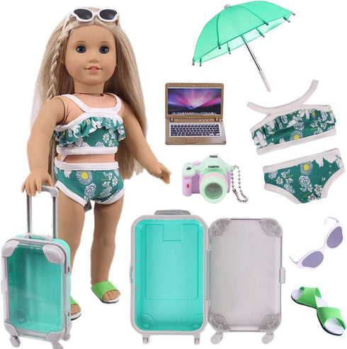 Doll Travel Set Suitcase,Travel Luggage Doll Accessories with Green Suitcase, Camera, Sunglasses, Bikini, Slippers, Notebook, Umbrella for Dolls