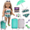 Doll Travel Set Suitcase,Travel Luggage Doll Accessories with Green Suitcase, Camera, Sunglasses, Bikini, Slippers, Notebook, Umbrella for Dolls