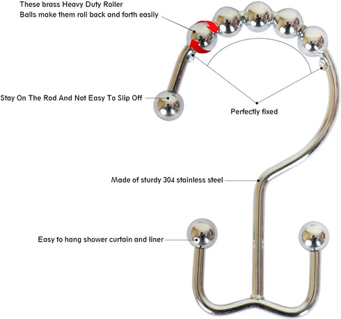 DQG Bathdesign Durable Shower Curtain Hooks Rings,Never Rust Stainless Steel Double Sliding Shower Hooks That, for Bathroom Shower Rods Curtains, Set of 12 Shower Curtain Hooks (Chrome)